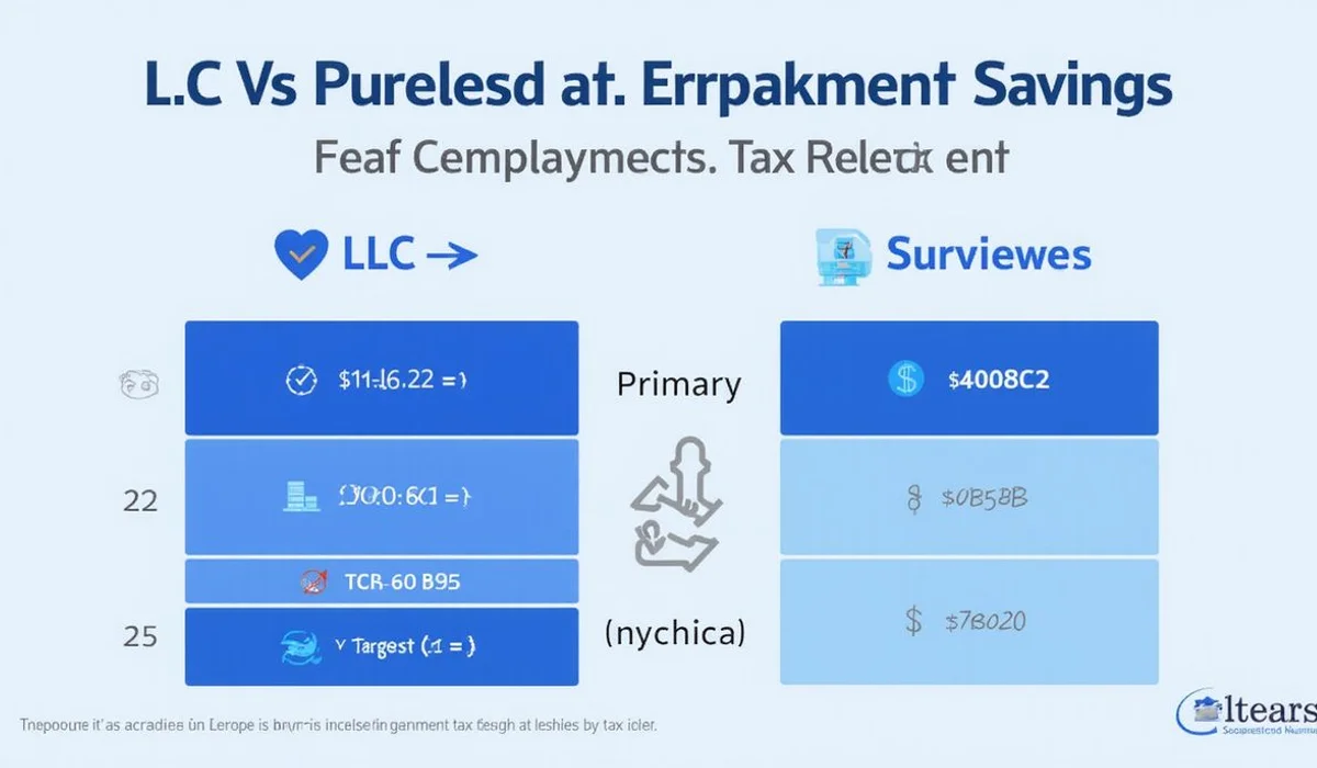 Comparison table LLC versus S corp tax treatment with self employment tax savings highlighted brand blue colors