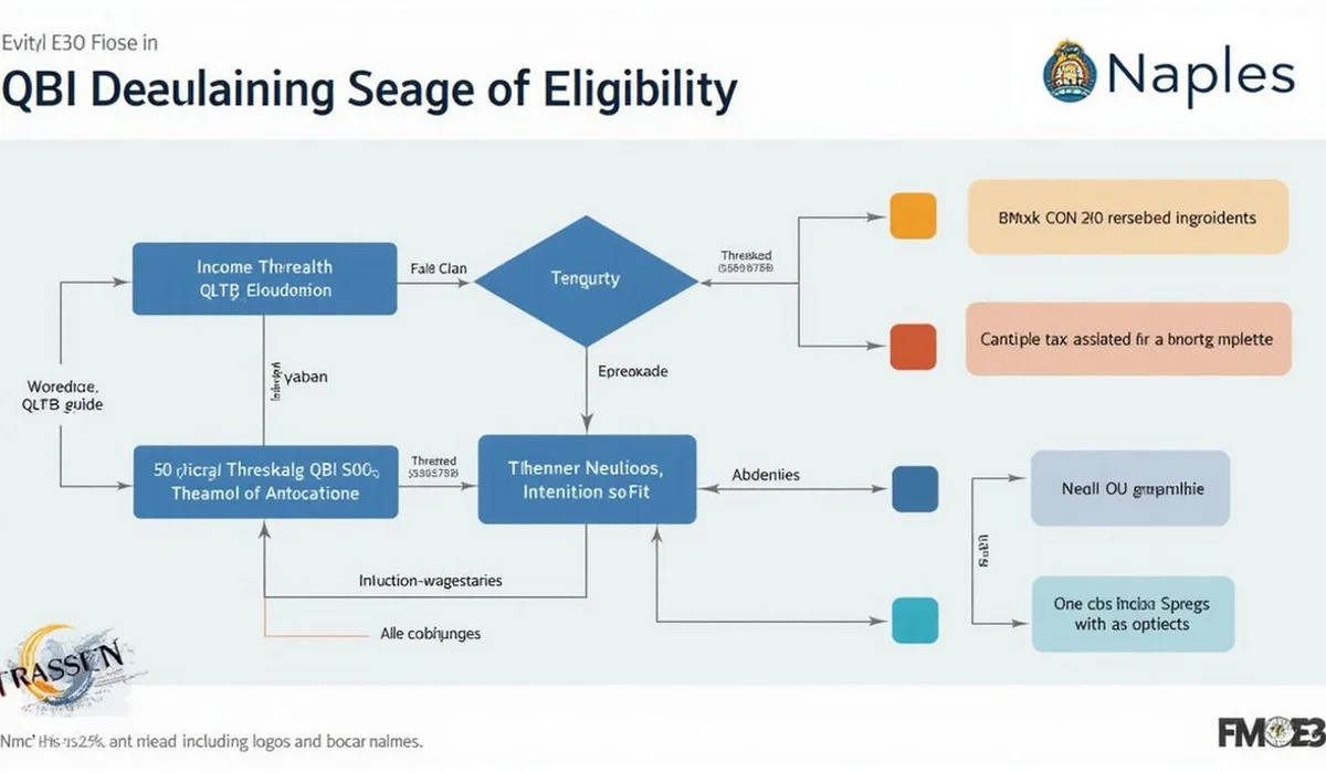 Flowchart of QBI deduction eligibility with income threshold SSTB test and wage limitation branches brand colors