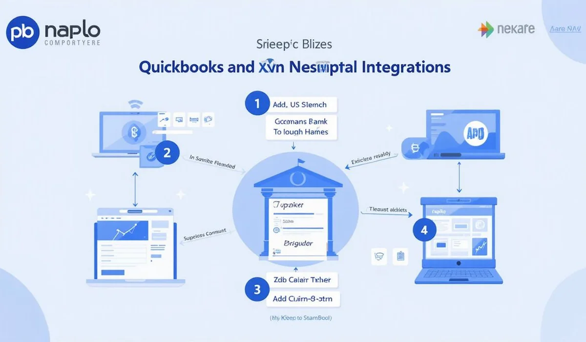 Step by step QuickBooks and Xero setup graphic with chart of accounts bank sync integrations brand blue