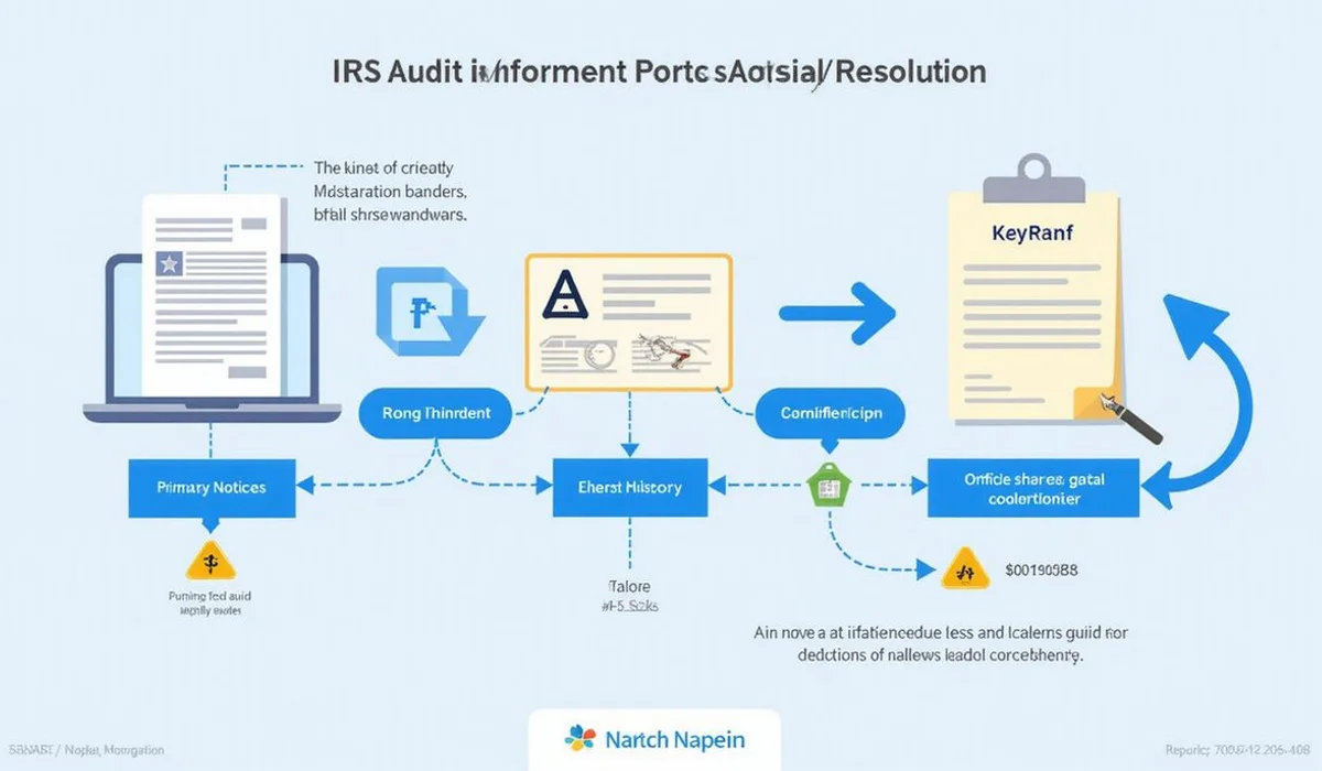 Step diagram of IRS audit process from notice to resolution with correspondence office field types brand colors