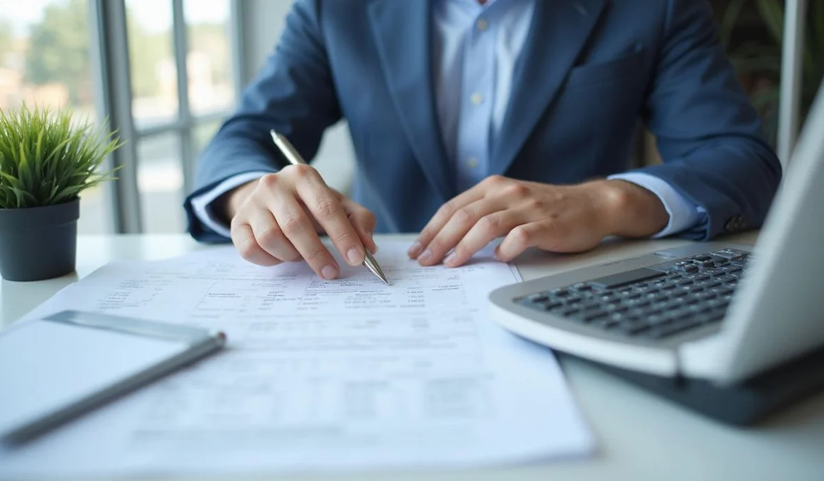 Tax preparer reviewing Schedule C and 1099 forms with calculator and laptop on desk close up detail